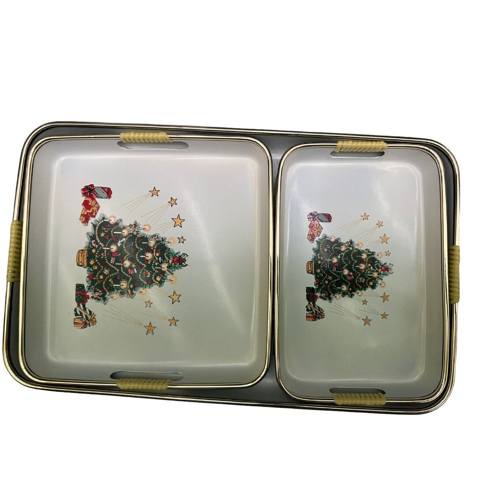 Vintage Stackable MCM 3pc  Christmas Holiday’s lacquer ware serving trays Japan